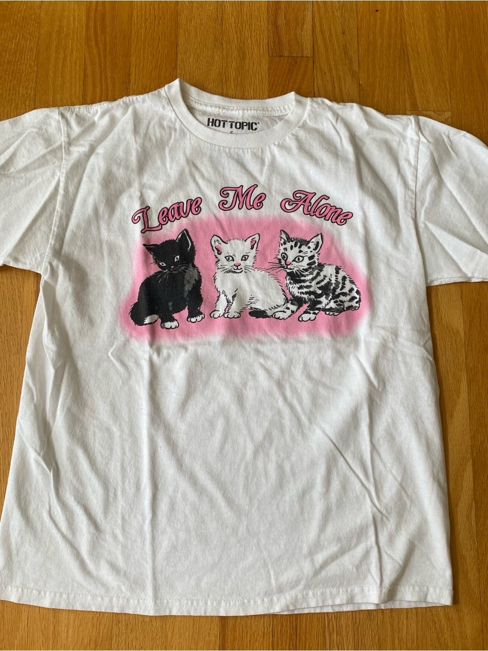 Hot Topic White Tee with Pink 'Leave Me Alone' Kitten Graphic